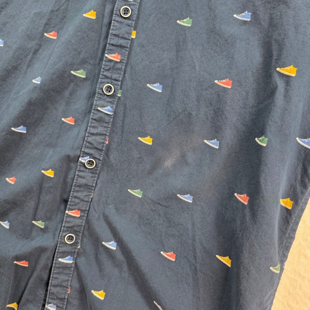 Denim & Flower Shirt Mens M Navy Blue Sneaker Print Short Sleeve Button Down - Picture 6 of 10